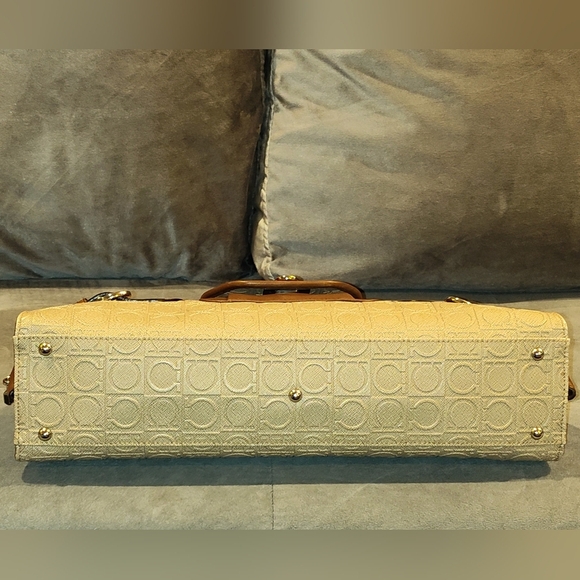 SALVATORE FERRAGAMO BEIGE & BROWN LEATHER GANCINI EMBOSSED SATCHEL & WALLET SET - Picture 7 of 16